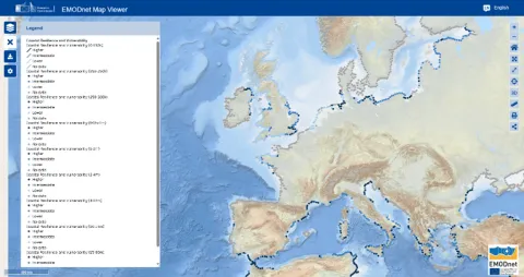 Map of Europe showing lower, intermediate and higher levels of coastal resilience/vulnerability derived from available data.